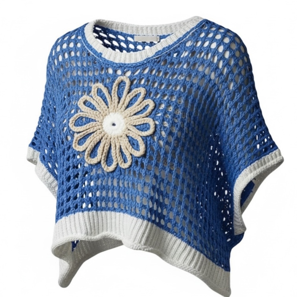 POL Blue knit with Floral Short Sleeve Open crochet top